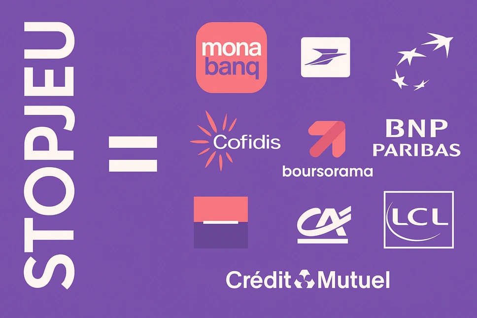 Illustration STOPJEU : logos Monabanq, Cofidis, Fortuneo, Crédit Mutuel, CIC regroupés.