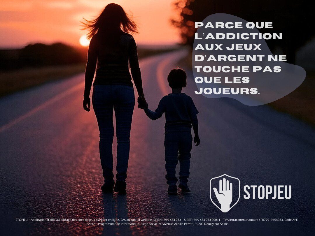 publicité billboard STOPJEU une femme et son fils marchant dans la nuit